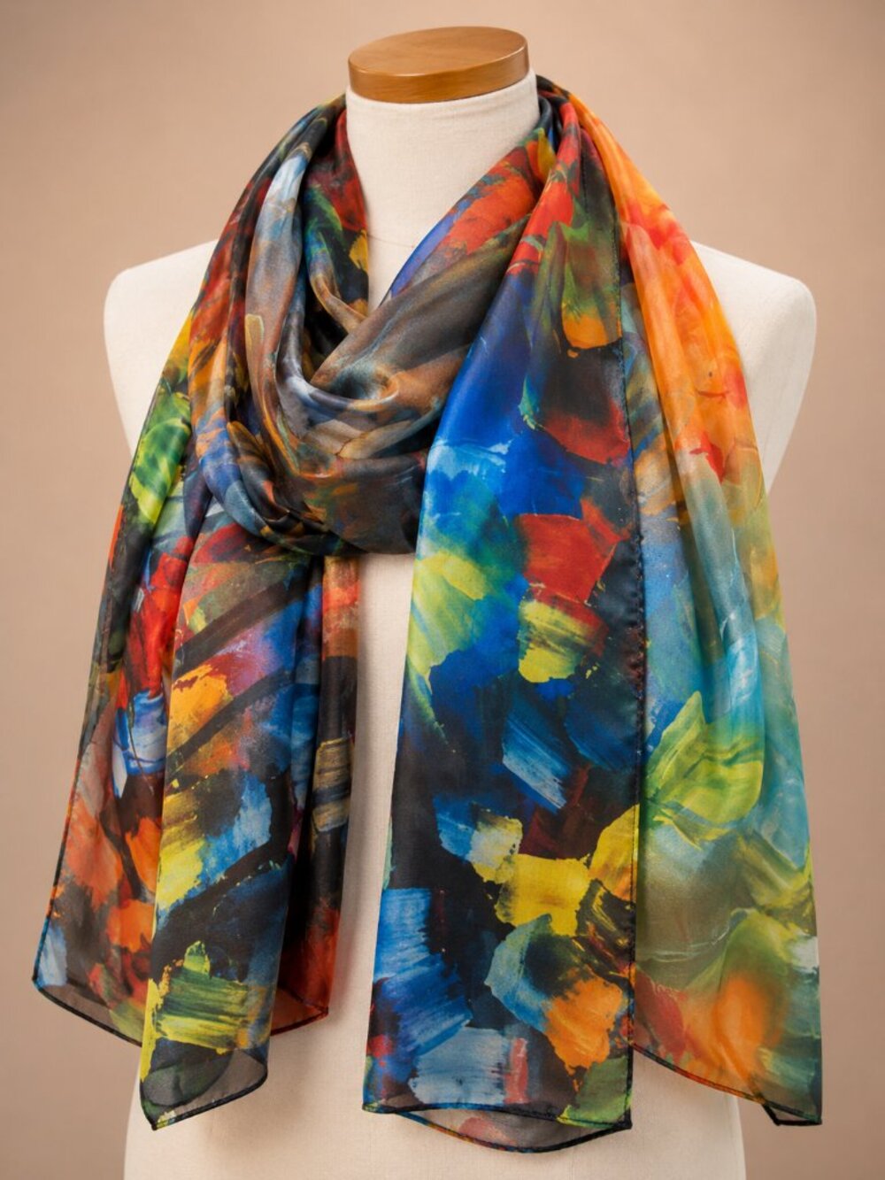 Abstract Art Scarf by Cleo – 2010s – Multicolor Silk Feel – Painterly Pattern - Picture 10 of 12